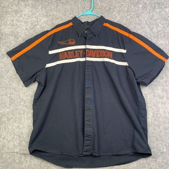HARLEY DAVIDSON Embroidered Patch Logo Short Sleeve Button Shirt XXXL - Picture 1 of 7